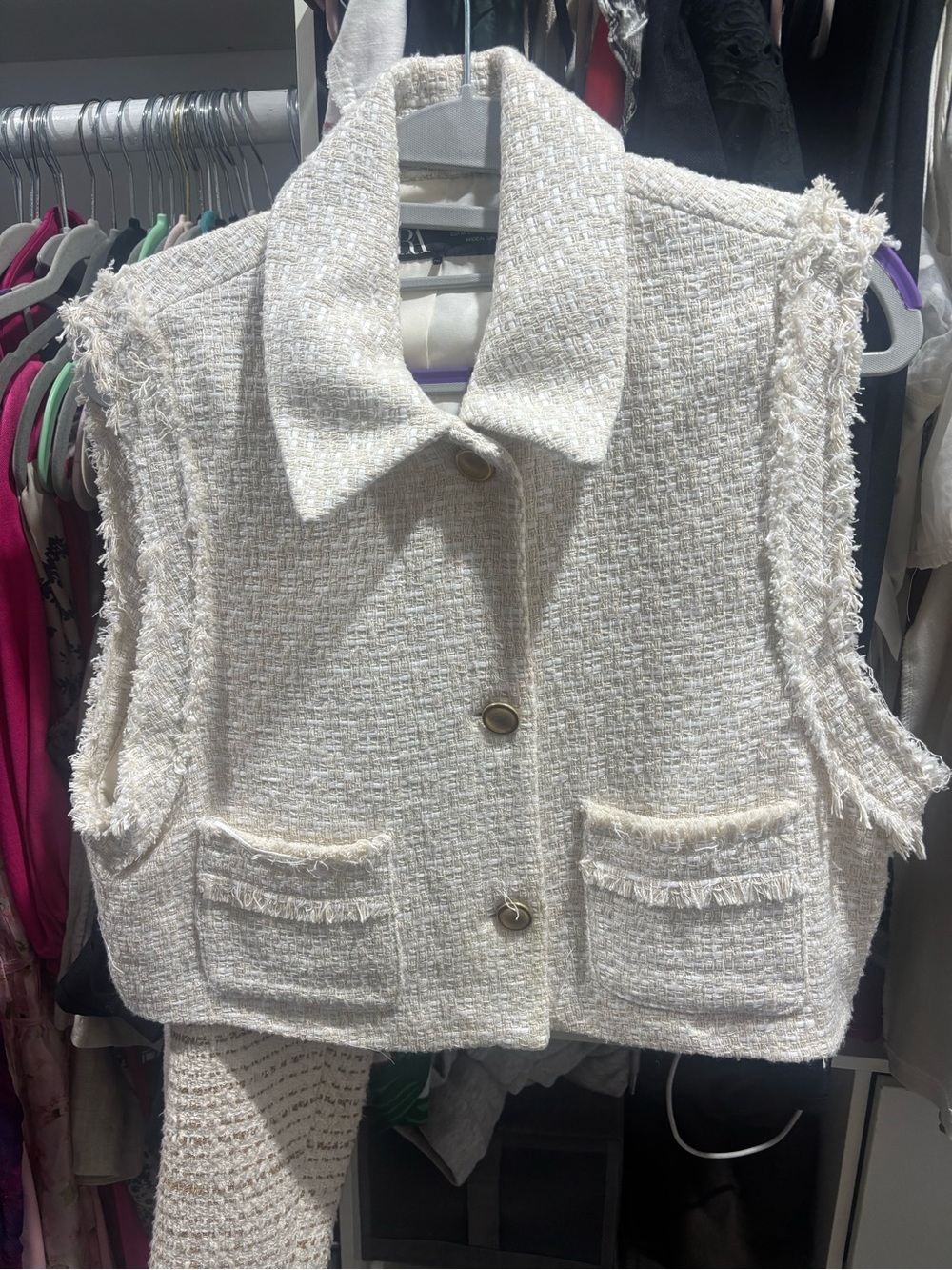 Textured Ivory Tweed Cropped Vest with Fringe Trim